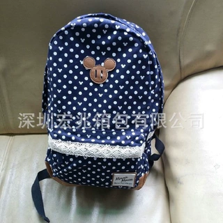 箱包厂家供应韩版亚马逊帆布印圆点蕾丝装饰时尚背包书包休闲户外