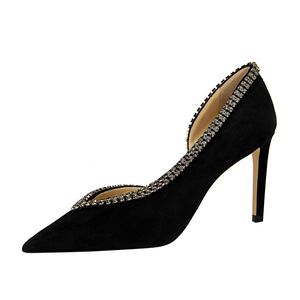 6678 - A1 European and American wind sexy side hollow out the stiletto heel suede shallow pointed mouth side hollow out 