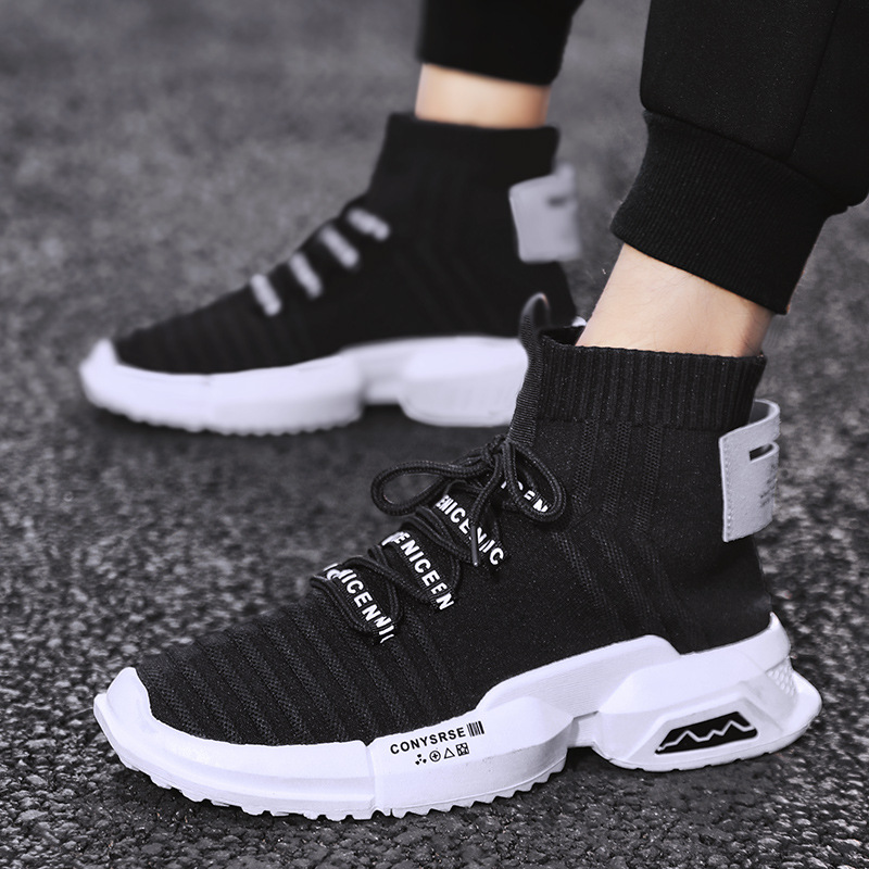 批发一件代发跨境爆款2019秋冬新款透气飞织高帮鞋男运动休闲鞋