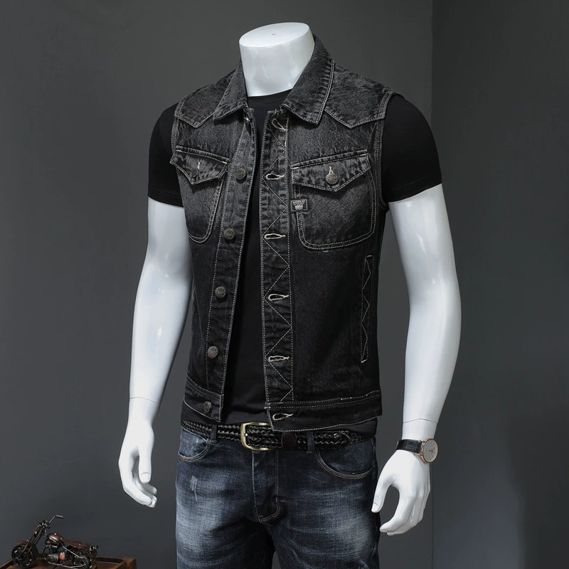 Black denim vest sleevless, European style, gradient, item code