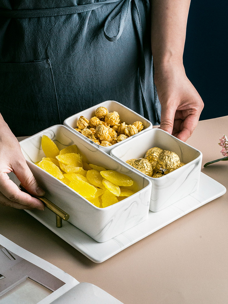 Fábrica directa Luz de lujo caramelo merienda plato tarde té KTV cuadrado grande cerámica tuerca rejilla plato de fruta seca