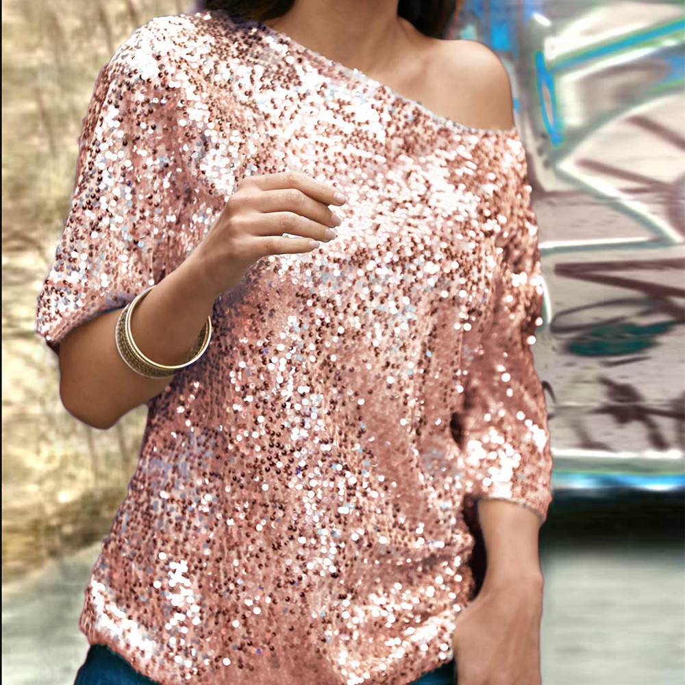 wholesale women s clothing Nihaostyles solid color sequins slanted shoulder mid-sleeve shirt   NSYSM67006