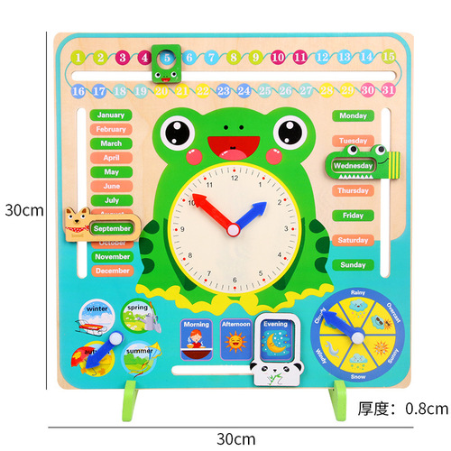 Wholesale Children's Wooden Frog Multi-Function Early Education Puzzle Calendar Clock Alarm Clock Cognitive Baby Kindergarten Toy