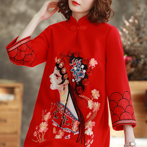 Women China traditional wool dress qipao top embroidered ethnic standing collar woolen dress 