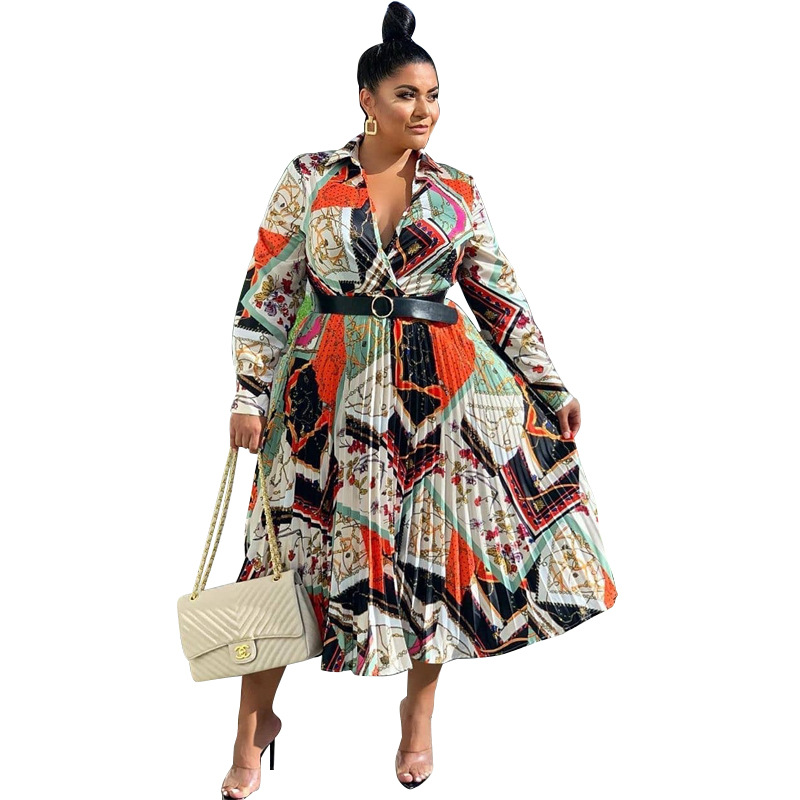 Regular Dress Elegant Sexy Turndown Pleated Pleated Long Sleeve Printing Midi Dress Street display picture 5