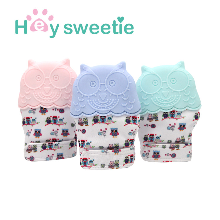 厂家直销宝宝猫头鹰防吃手手套 婴儿硅胶磨牙手套批发定制