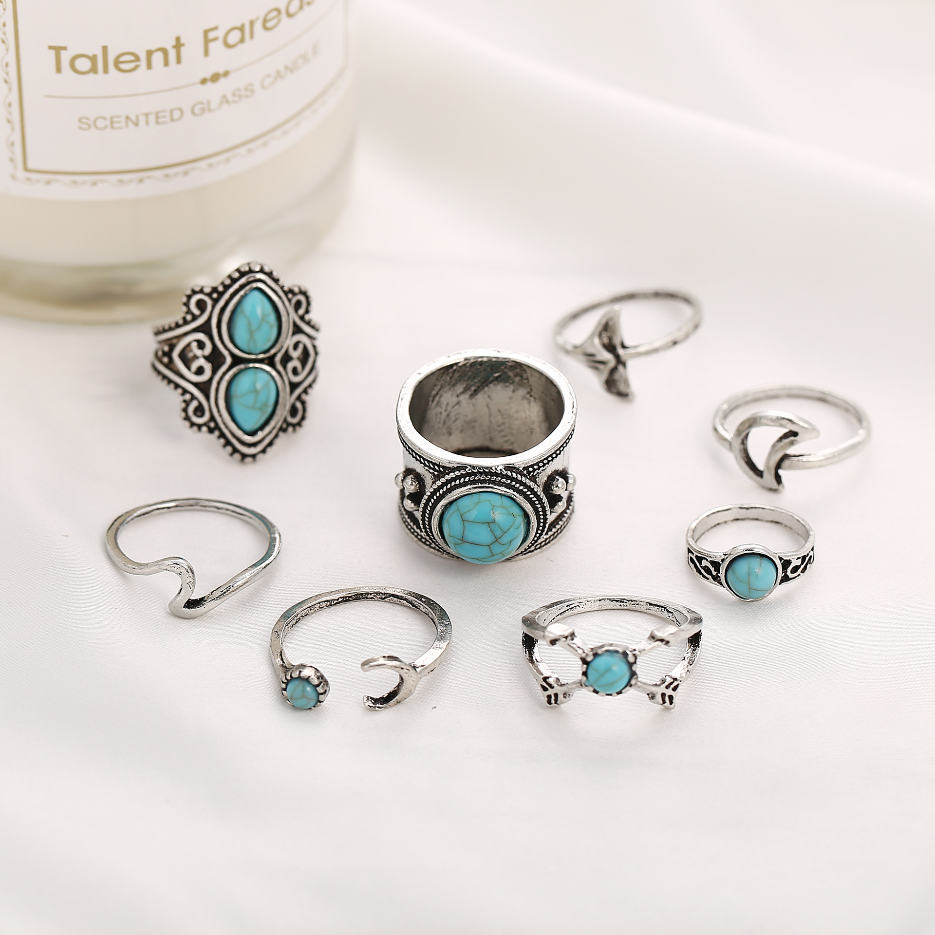 Creative retro sea fish tail embedded turquoise ring set 8 piece set NHPJ128290picture4