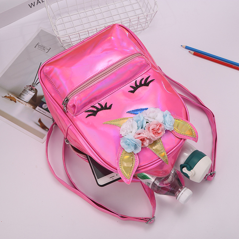 Unicorn large-capacity Unicorn laser bright pink schoolbag, cartoon women's backpack, travel bag, pu backpack detail image 4