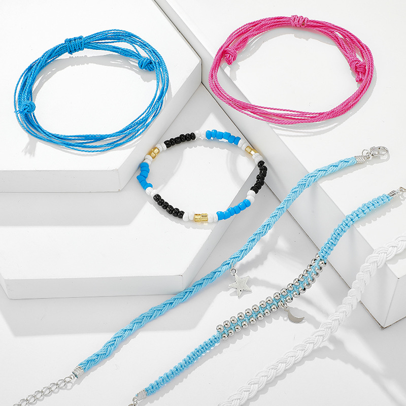 New Hand-woven Wax Line Rice Beads Star Moon Pendant Cord Bracelet Set display picture 9