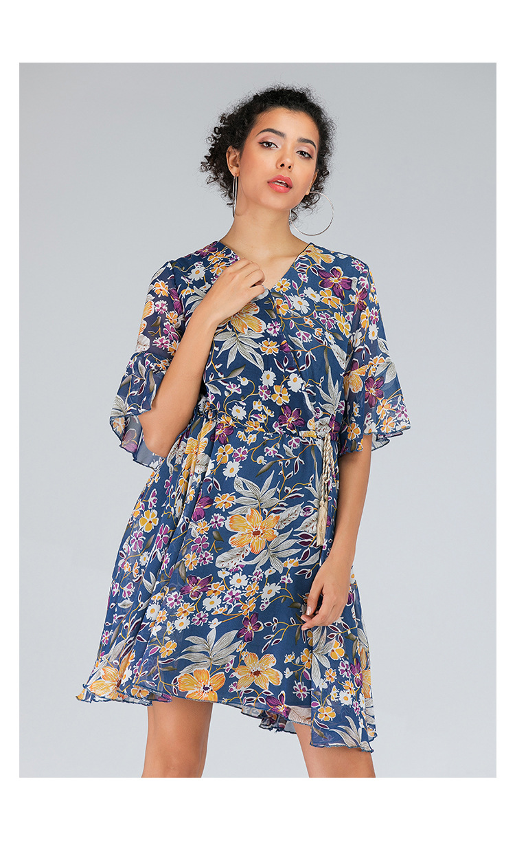 Small Floral V-Neck Chiffon Short Sleeve Dress NSJR36793