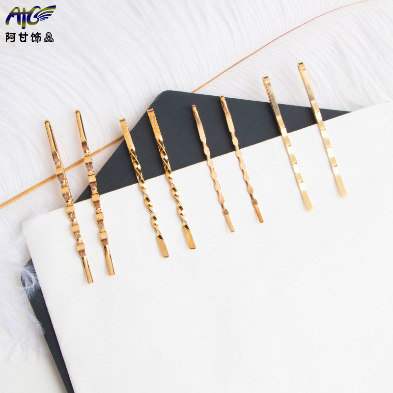 亚马逊跨境日系简约网红款发夹合金波浪一字刘海夹电镀金色头饰品