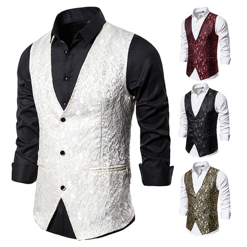 Men's  gold red stage costume jacquard vest Photo studio photographer singer host master of ceremonies dance vest