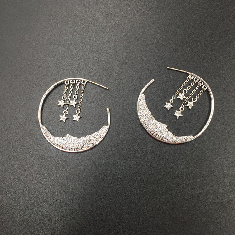 S925 Silver Pin Micro-inlaid Zircon Luxury Stars Tassel Earrings Moon Creative Circle Earrings display picture 3