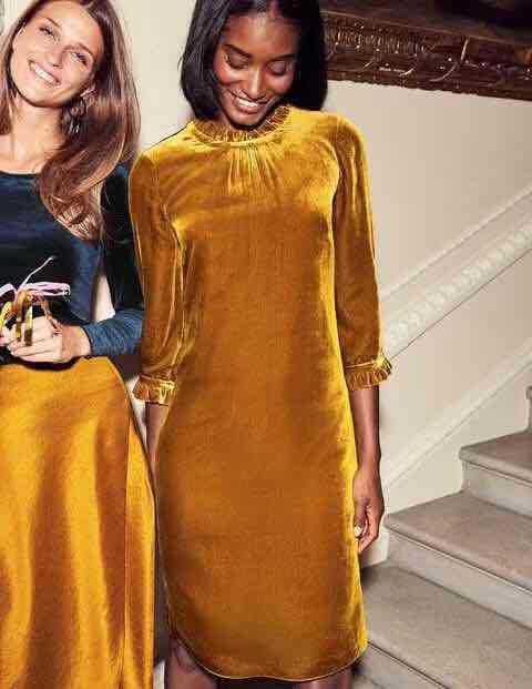 boden2021新款女长裙真丝花边领气质五分袖宽松显瘦丝绒连衣裙