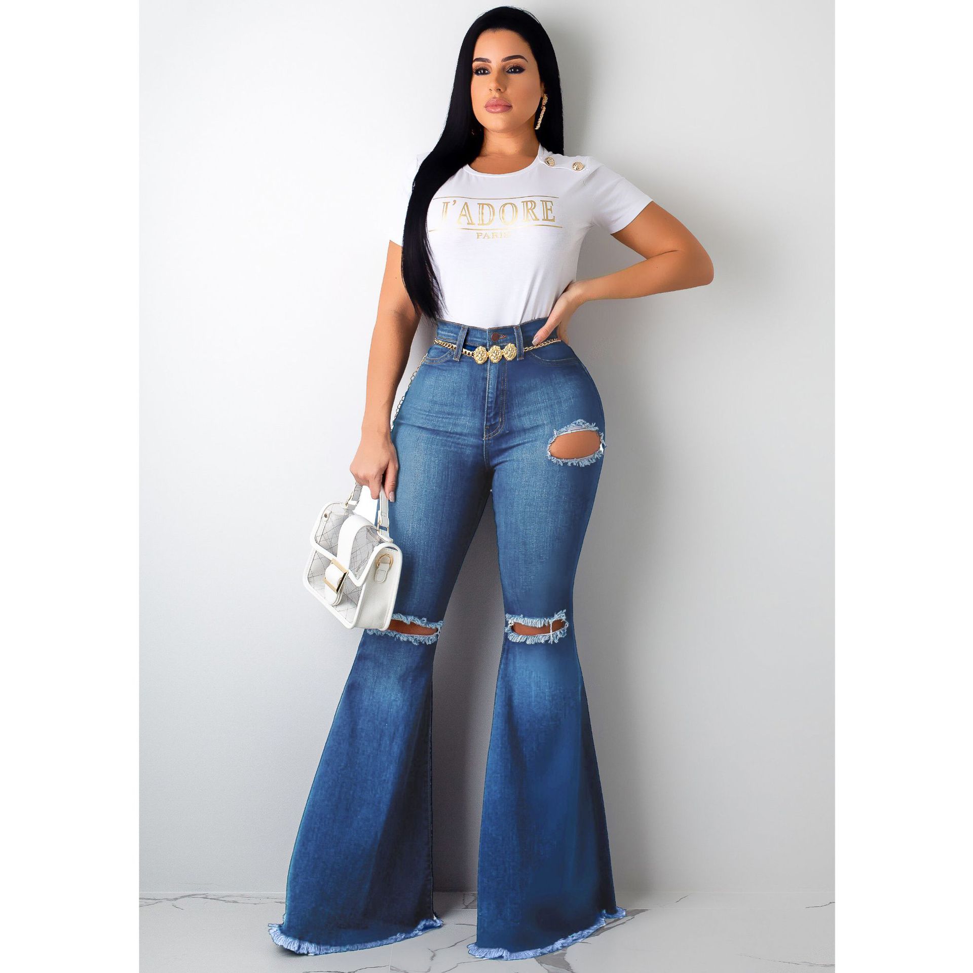 sexy fashion all-match knee-hole stretch tight denim flared pants NSSF64057