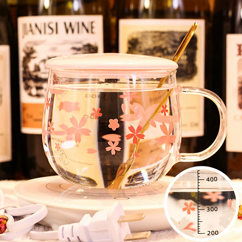 Стеклянная чашка для воды с розеткой лица Sakura, женская стеклянная чашка с крышкой одного слоя, чай, милая прозрачная термостойкая чашка для молока, японский стиль большой живот