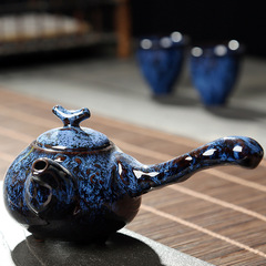 A Jianzhan kiln-transformed Tianmu glaze teapot with side handle, single teapot, small capacity, high-end ceramic tea set, gift with logo printing available