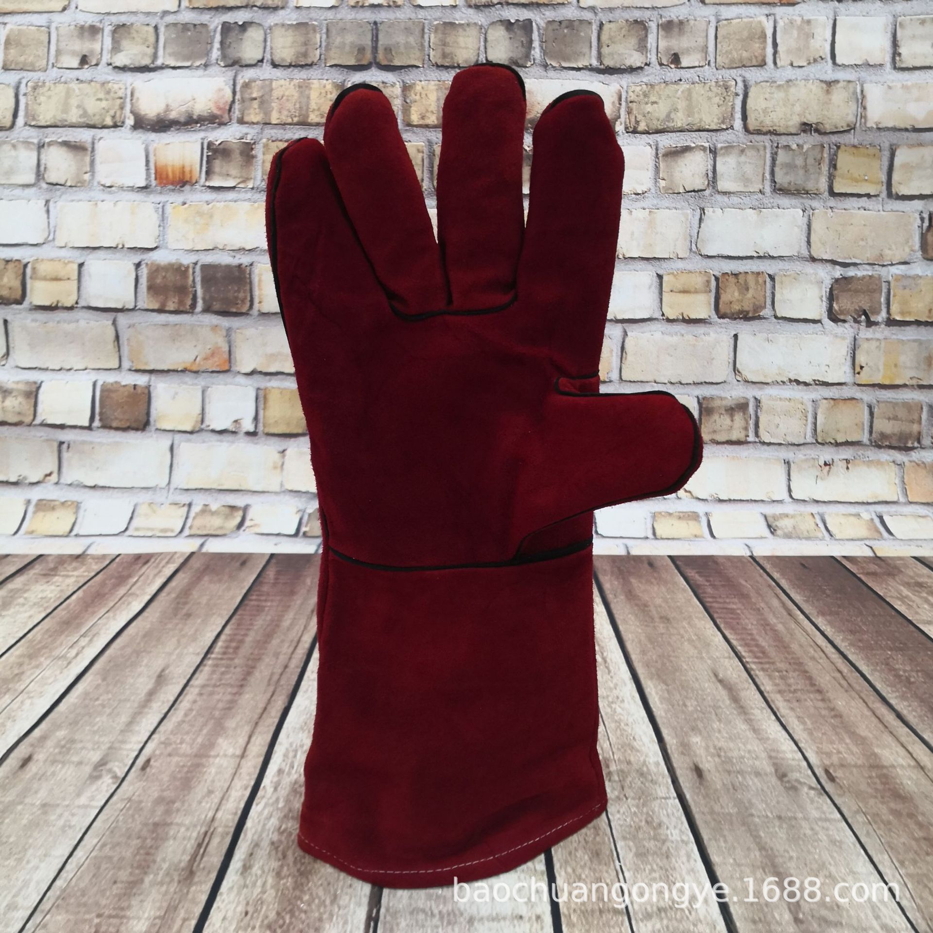 批发40CM红色牛皮双层焊工耐磨隔热电焊手套 劳保皮手套
