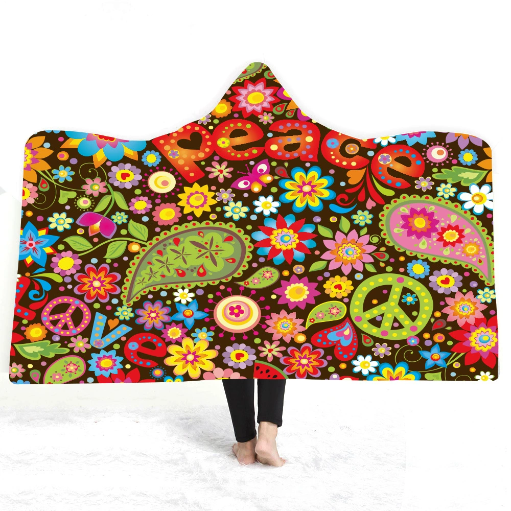 Трансграничное зимнее одеяло хиппи с капюшоном из европейских и американских стран, одеяло с капюшоном, утолщенный двухслойный плащ, плюшевый с цифровой печатью