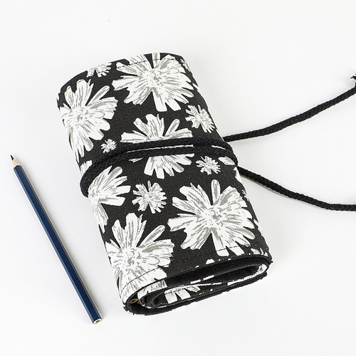 Snowflake Print Handmade Canvas Pen Organizer with 36/48/72 Holes, Large Capacity Reel Pen Case, Colored Pencil Sketch Supply Bag