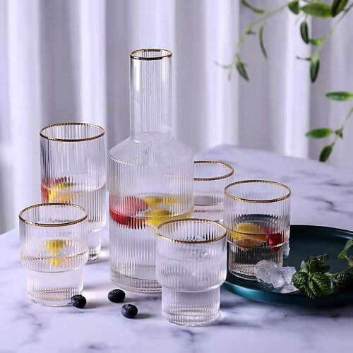 Gold edge hammered glass cold kettle striped kettle cold kettle juice jug explosion-proof household European style creative set