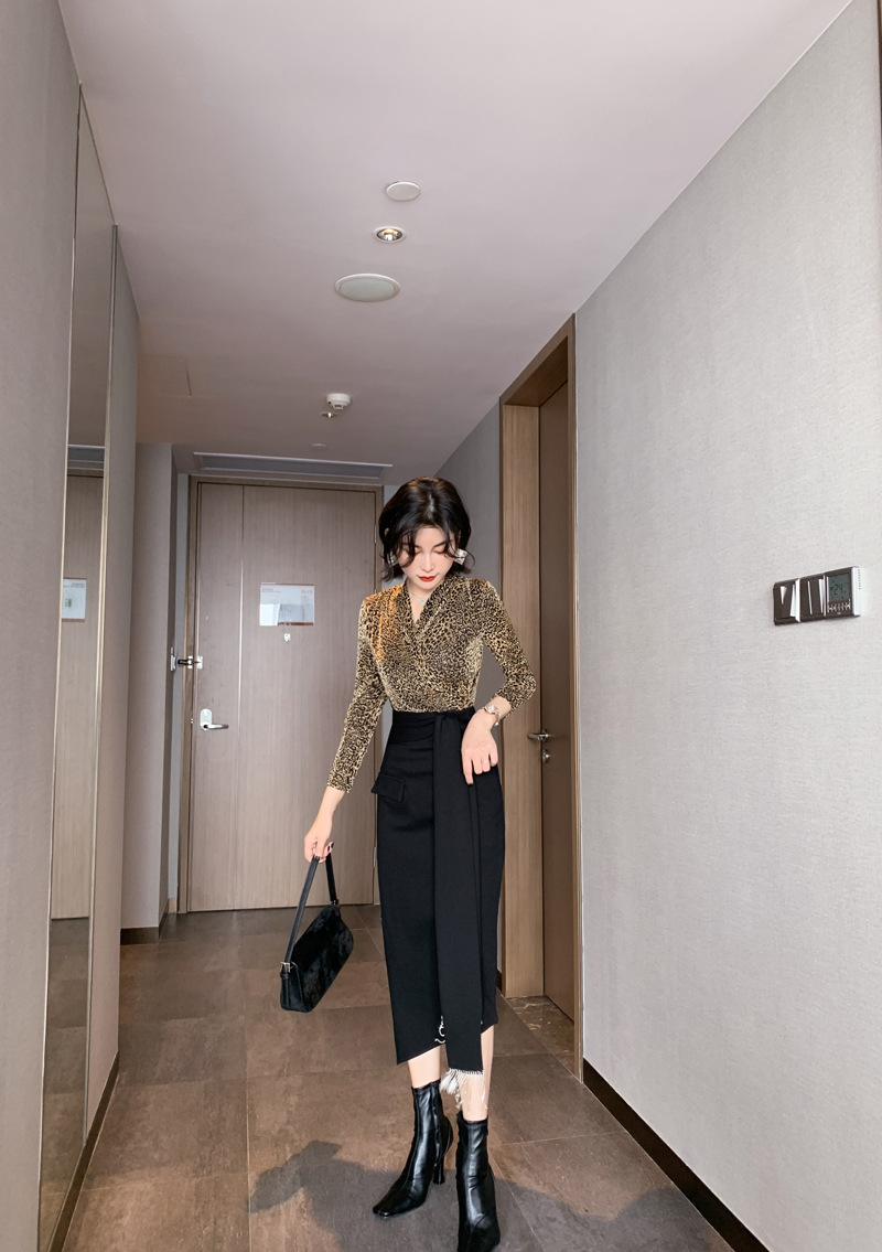 Bộ váy hai mảnh nữ phong cách Hàn Quốc họa tiết da báo tua rua — Màu vàng chi tiết 5