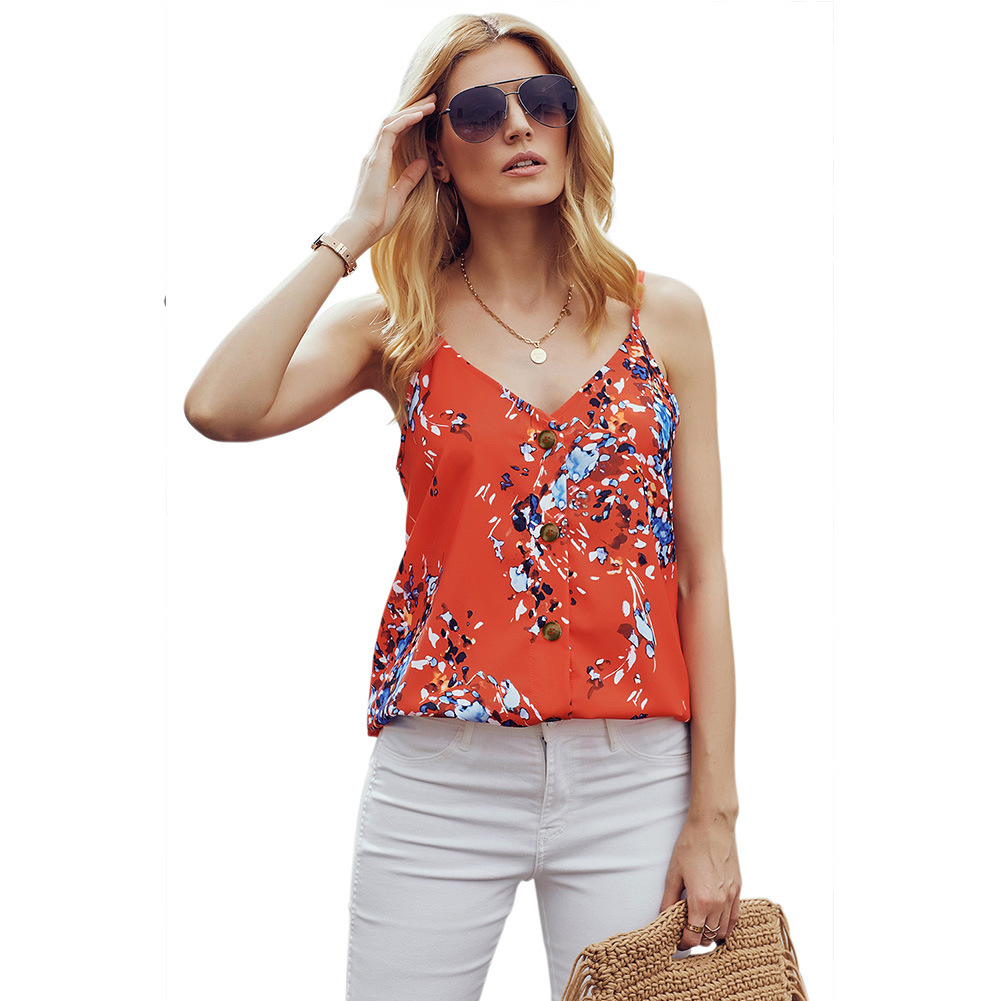 Womens Summer V Neck Sleeveless Tank Top Floral Print Button Detail European Style Casual Wear Wholesale Available