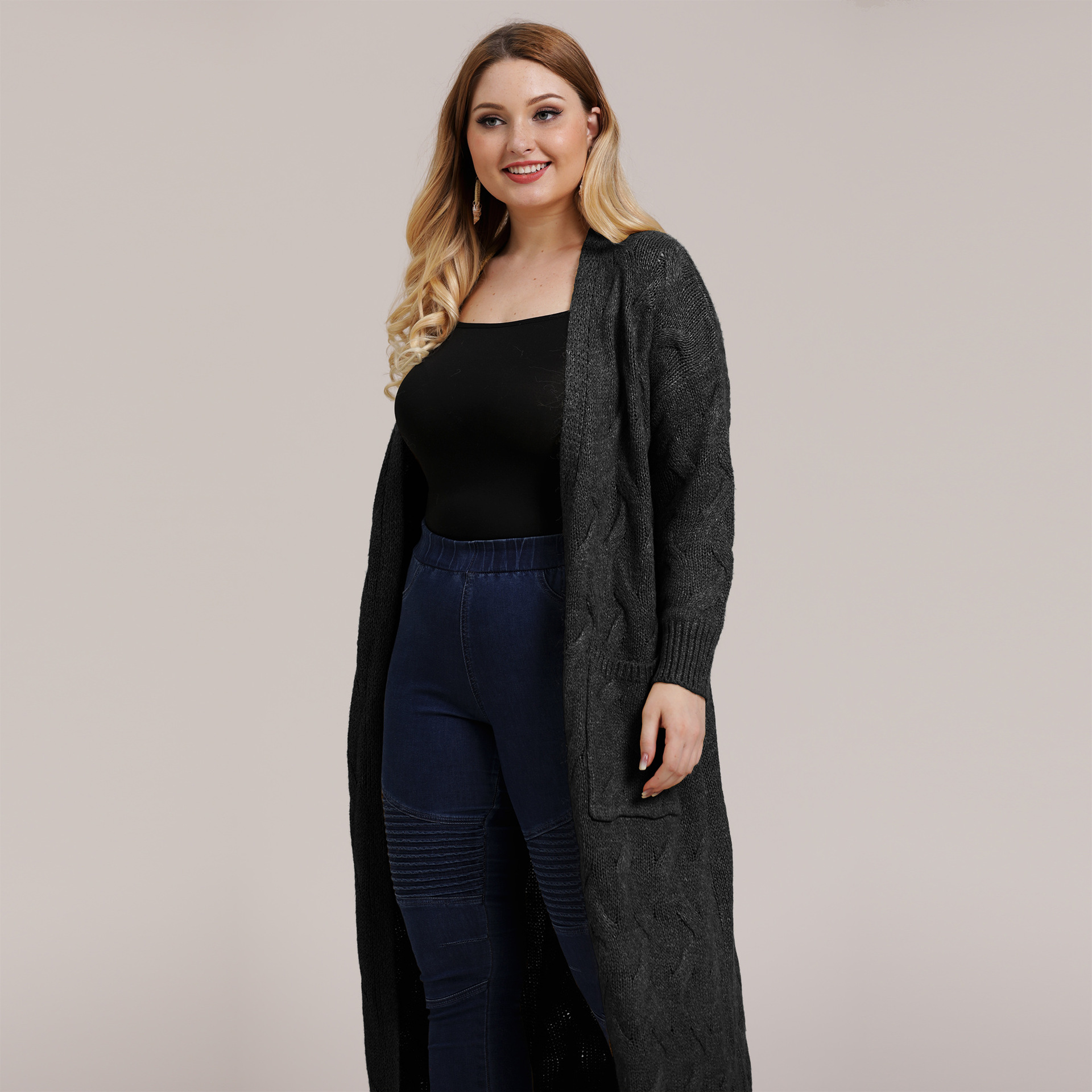 Plus size solid color knit cardigan NSOY45935