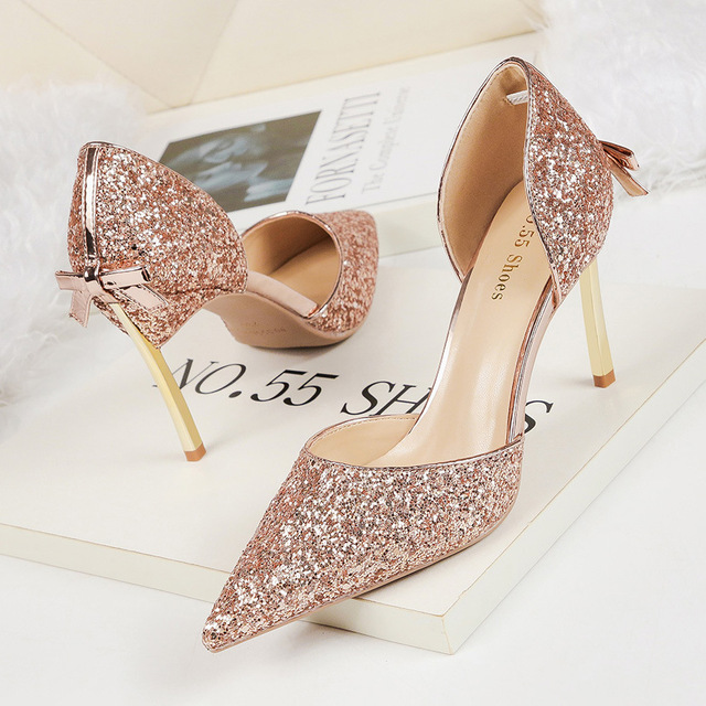 Sexy pointed shallow high-heeled sequins bow-tied slim-heeled shoes