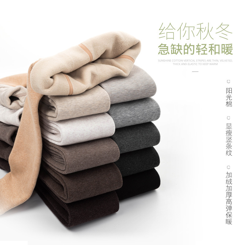 Japanese Cotton Cashmere High Waist Leggings Women's Outer Wear Autumn and Winter Velvet-Lined Threaded Thickened Pantyhose Milk Skin Curry Color