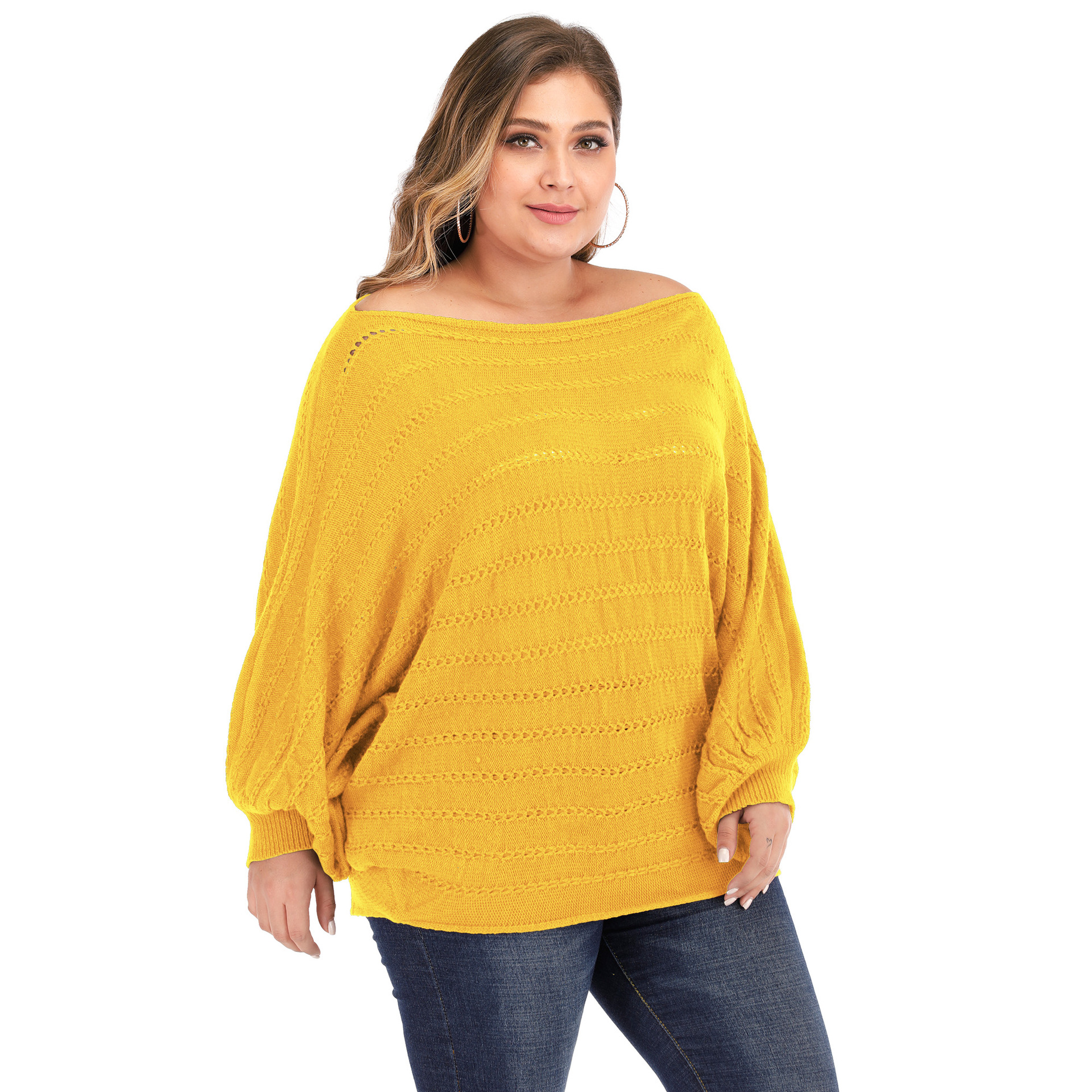 plus size bat-sleeved woven sweater  NSOY26830