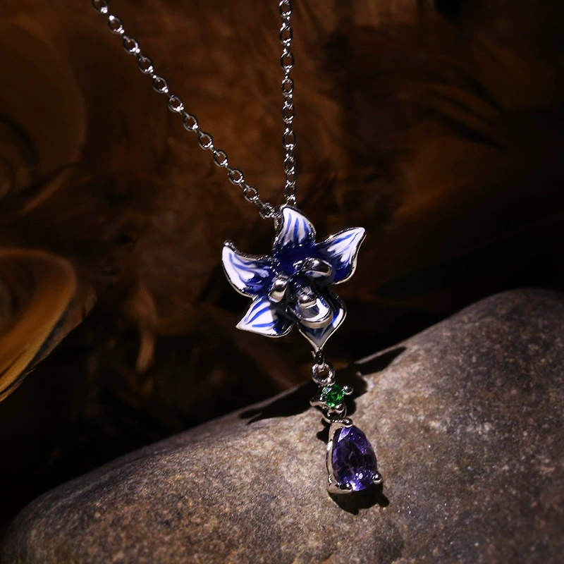 Floral pendant and earring set, zircon stones with enamel detailing, European style