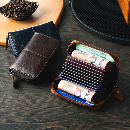 European and American RFID anti-magnetic first-layer cowhide card bag genuine leather zipper accordion card holder retro oil wax leather coin purse card bag
