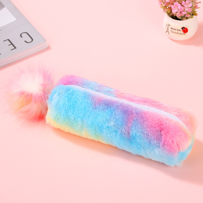 New Rainbow Color Plush Pencil Bag Student Large Capacity Stationery Buggy Bag Women's Plush Sequined Pencil Case display picture 2