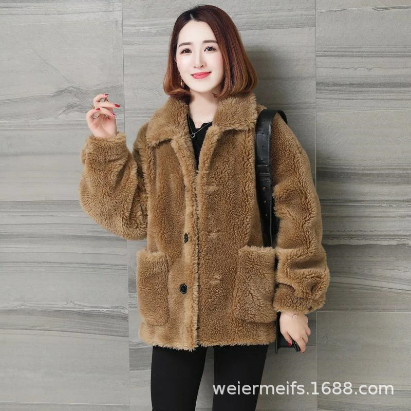 新款羊羔毛仿皮草顆粒羊剪絨外套女秋冬加厚大碼女裝時尚羊絨外套