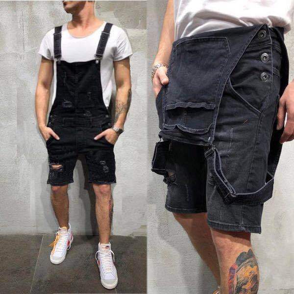 Salopette corta in jeans uomo slim fit con strappi stile denim_voghion.com