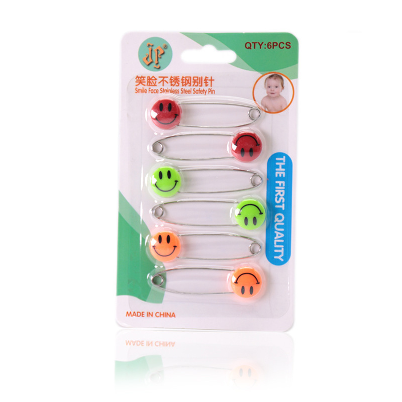 2020大号4#宝宝安全别针口水巾笑脸图案不锈钢6枚装卡通别针