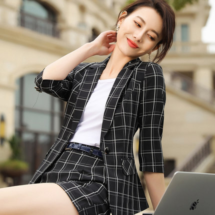 Chequered Suit Jacket New Summer self-cultivation seven-sleeve suit