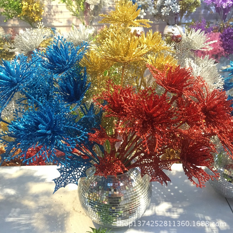 厂家直销圣诞金粉大把束 7头富贵花 圣诞花 仿真塑料花 金葱粉