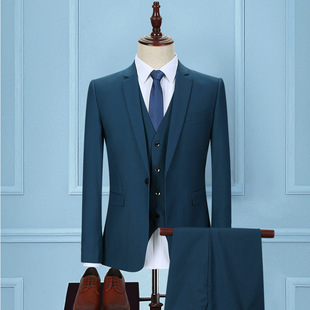 Autumn and Winter Men's Suit Korean Slim-fit Three-piece Set Sapphire Blue Bridegroom Wedding Dress Business Casual