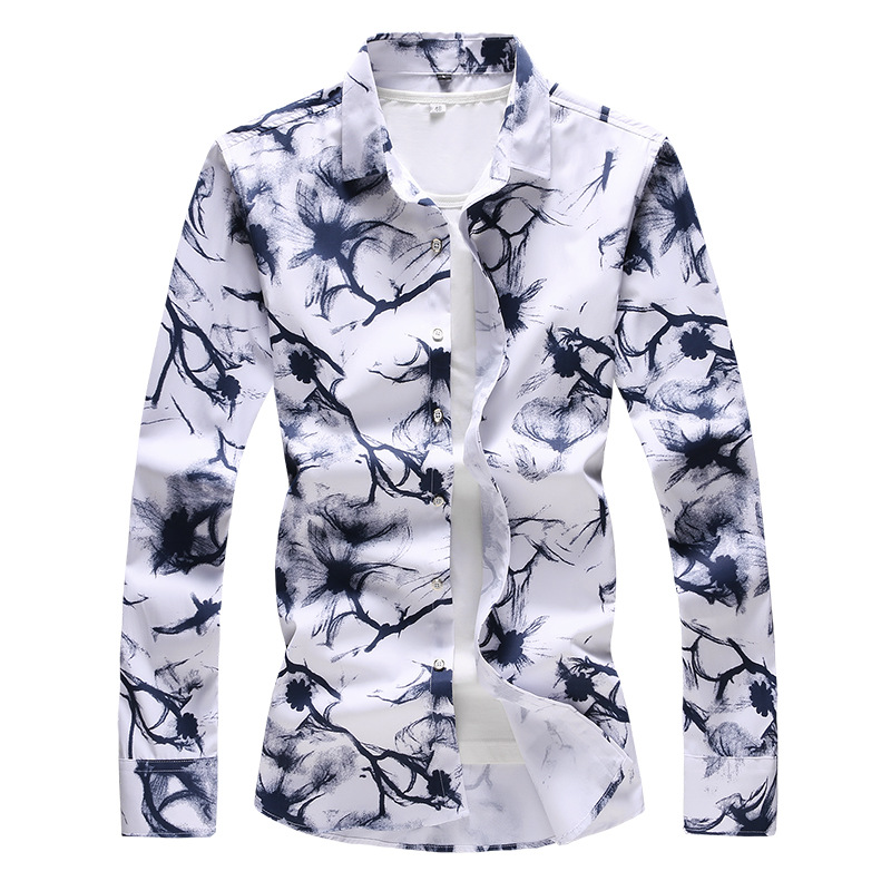 Spring and Autumn New Men's Satin Flower Long-sleeved Slim-fit Shirt Ink Print Trendy Men's Plus Size Men's Floral Shirt
