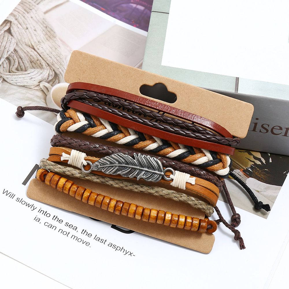 New retro woven leather bracelet simple diy multiple combination three-piece leather bracelet
