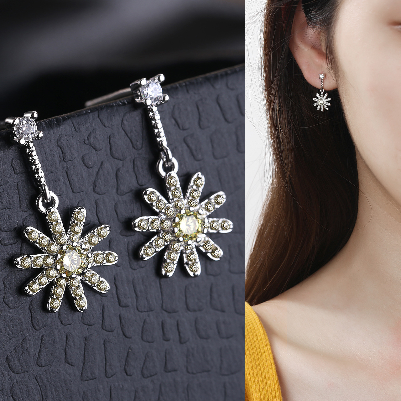 S925纯银针饰品百搭锆石韩版耳钉气质少女心雪花耳环耳饰防过敏