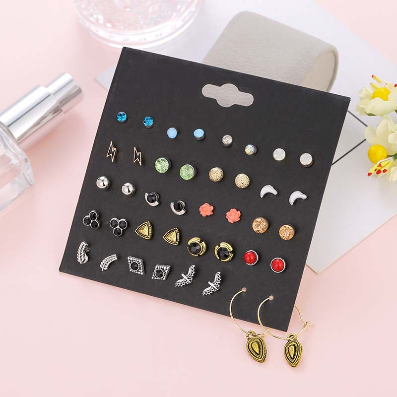 Popular 20 Pairs Rhinestone Wing Pearl Earrings Set Card Earrings display picture 3