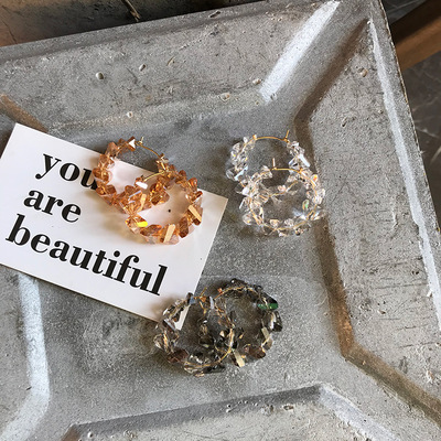 韩国东大门透明水晶耳圈 不规则水晶几何耳环耳钩耳坠553|ru