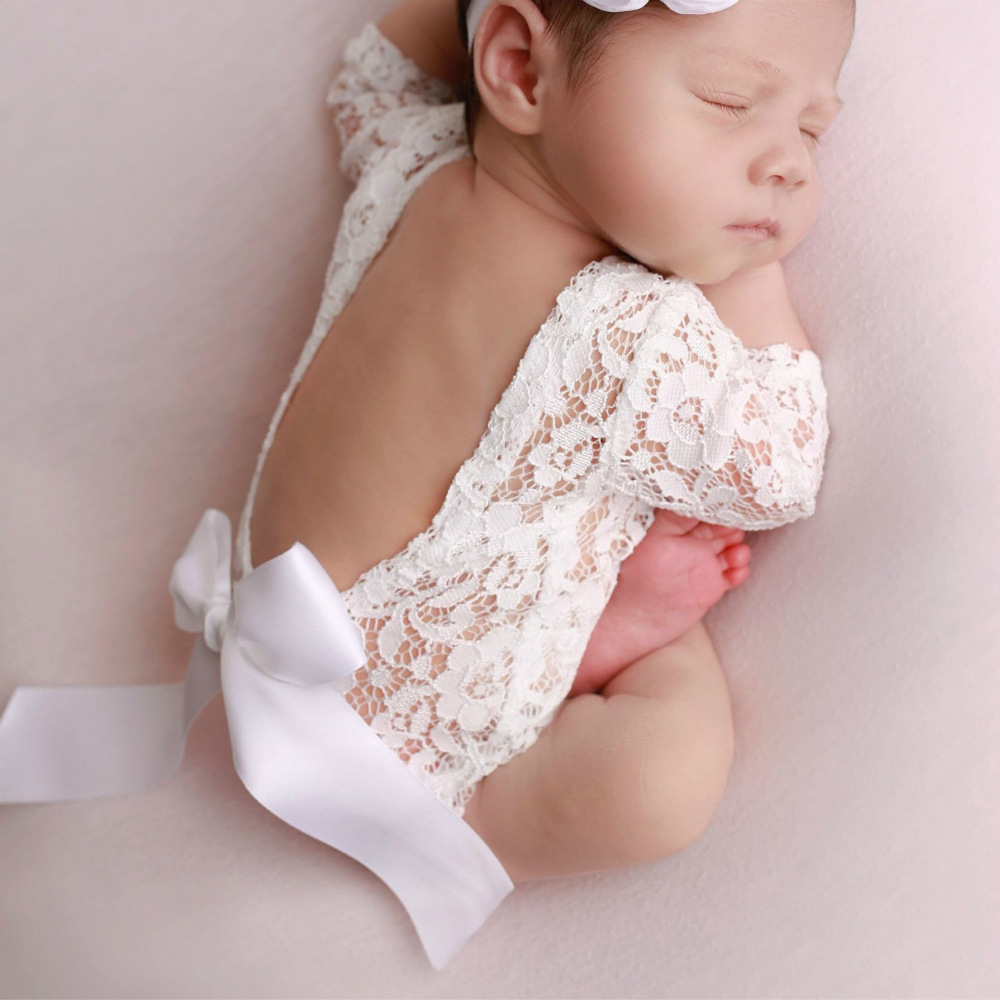 Newborn Lace Rompers Baby Girl Photography Props Outfits Newborn Rompers with Ribbon Bow Baby Photo Props Lace Romper Newborn Baby Photo Props Outfits with Flower Headband