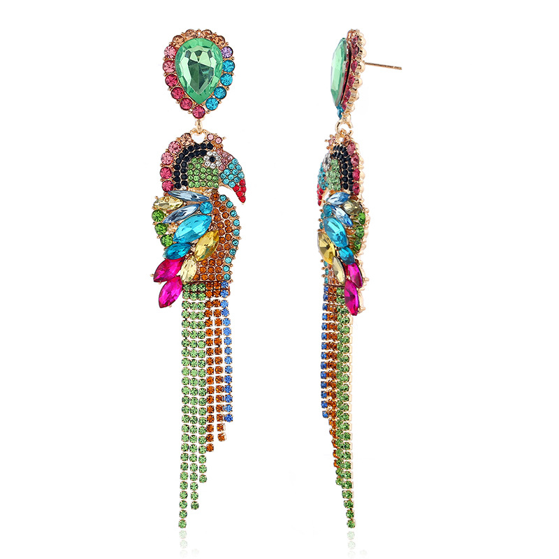 1 Pair Glam Tassel Parrot Inlay Alloy Rhinestones Drop Earrings display picture 2