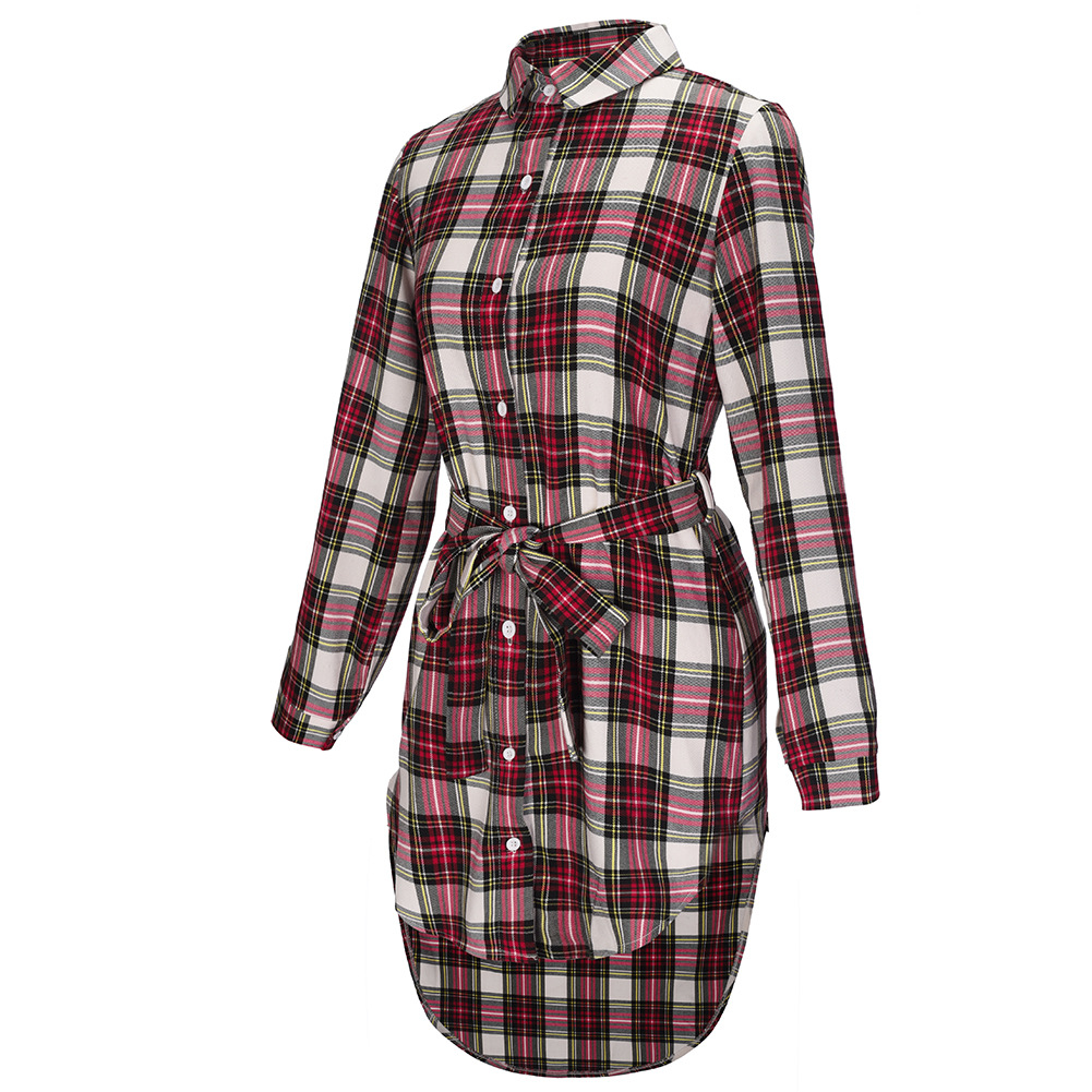 New Women Autumn And Winter Long-sleeved Plaid Strippy Waist Shirt Cardigan