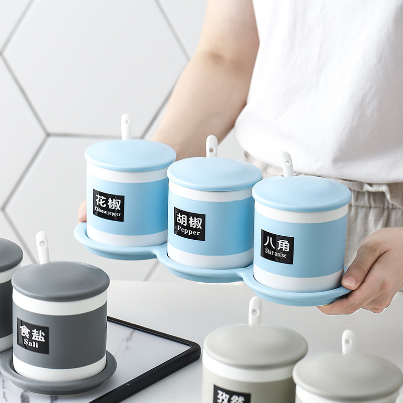 Tarro de condimento moderno simple creativo hogar de cerámica de color a juego combinación de botella de condimento de tres piezas de color caramelo suministros de cocina