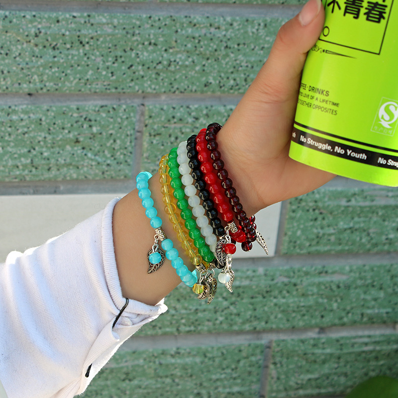 韩版简约复古女士手链批发圆形仿玛瑙精美流行女个性树叶手链饰品|ms